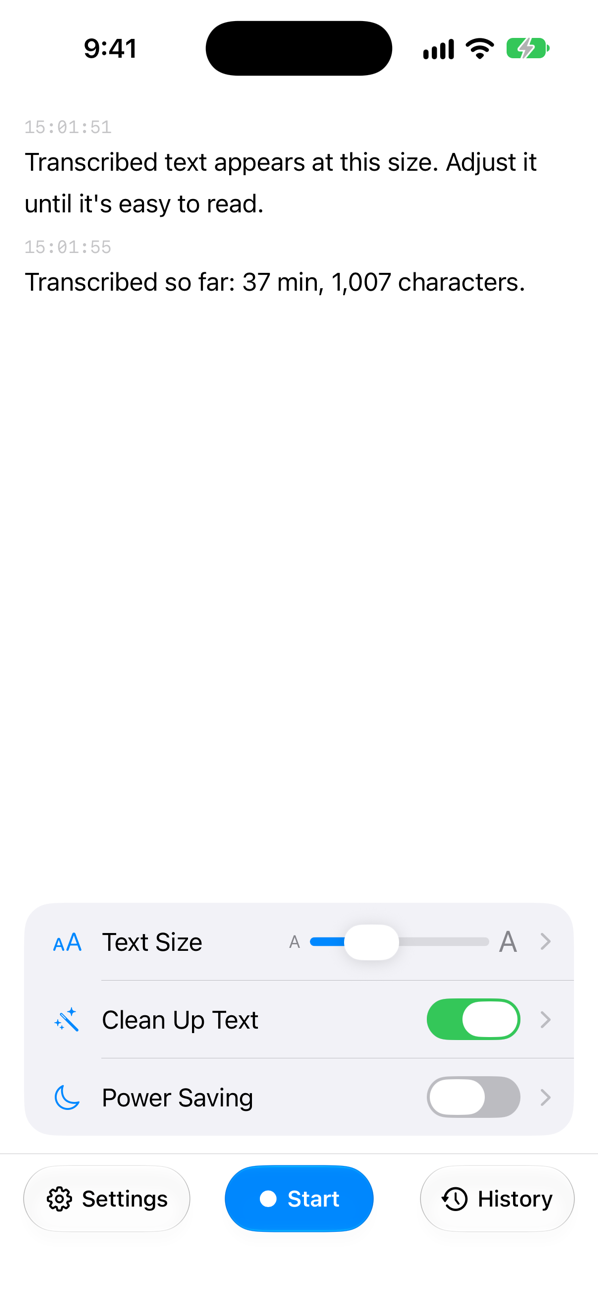 The NanDatte home screen, showing sample text and quick settings.